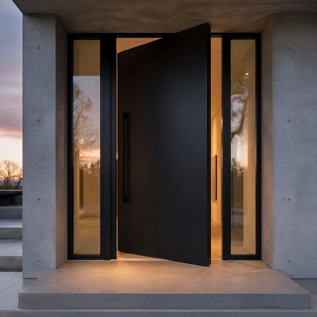Modern black pivot front door installed in a contemporary concrete entryway